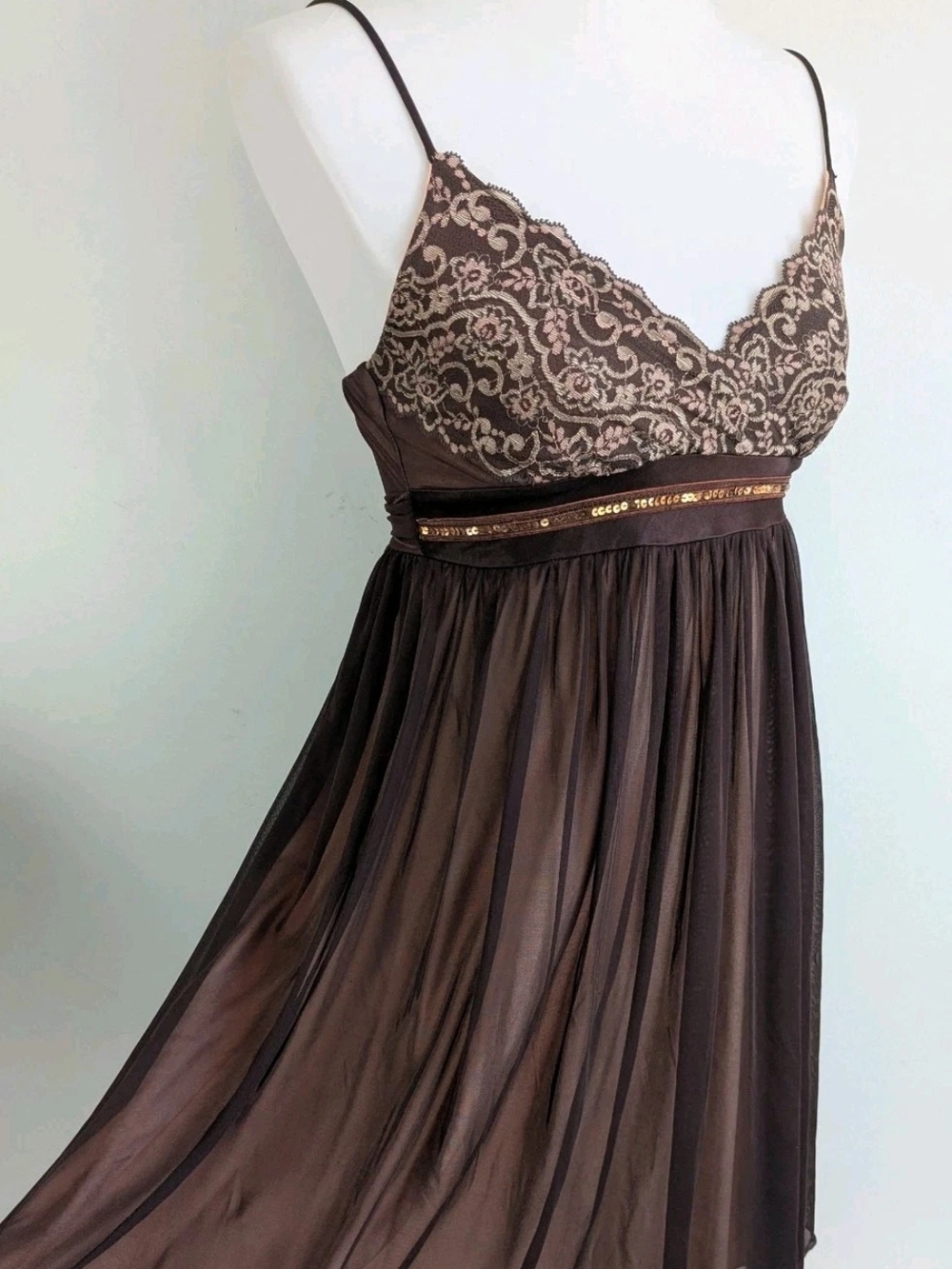 Vintage 90s y2k Slip Dress Sheer Brown Babydoll Lace Whimsigoth Fairycore Small - Picture 3 of 10